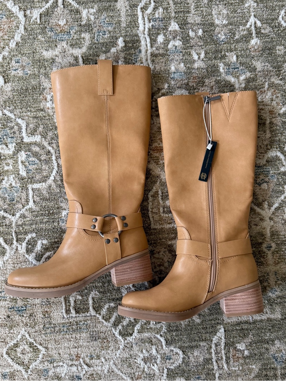 NWT Tan Knee High Block Heel Moto Boots